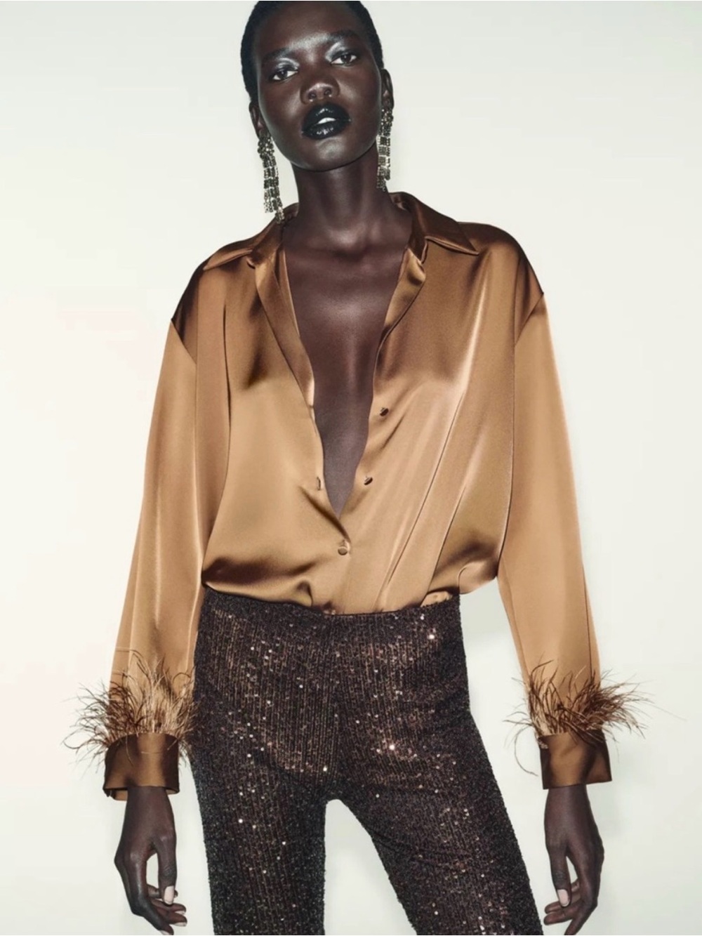 NWT Zara Bronze Satin Button-Down Blouse with Feather Cuffs
